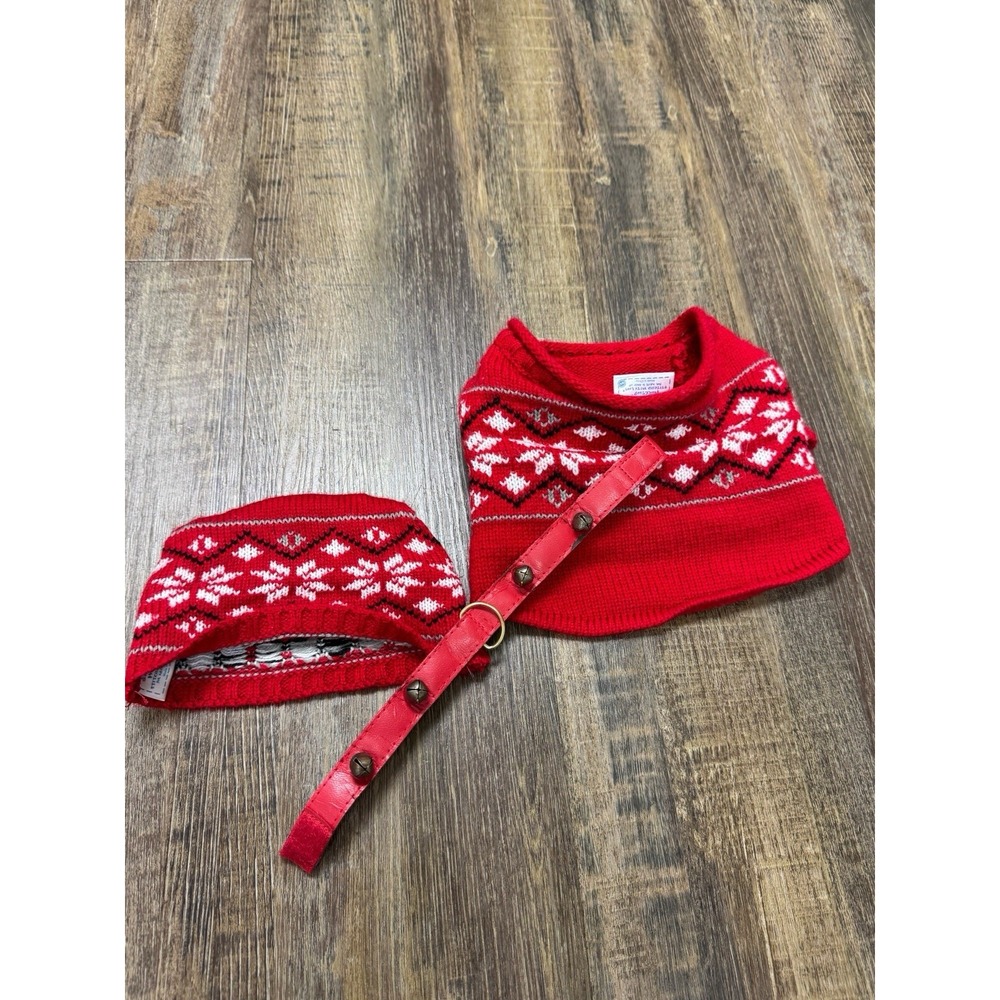 Build A Bear Workshop Red Fair Isle Snowflake Sweater Hat Jingle Bell Collar Set